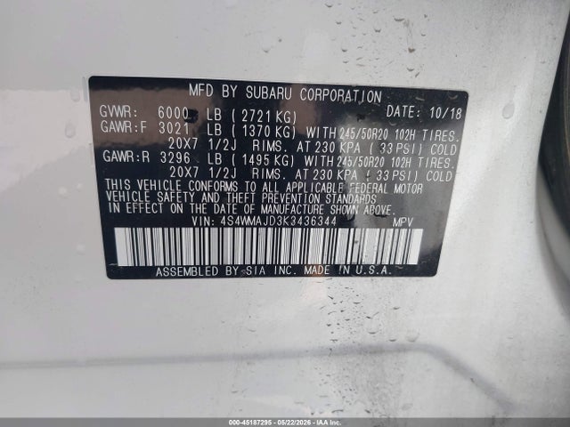 45187295 :رقم المزاد ، 4S4WMAJD3K3436344 vin ، 2019 Subaru Ascent Limited مزاد بيع