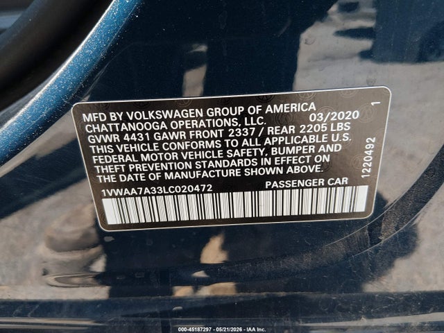 Продажа на аукционе авто 2020 Volkswagen Passat 2.0t S, vin: 1VWAA7A33LC020472, номер лота: 45187297