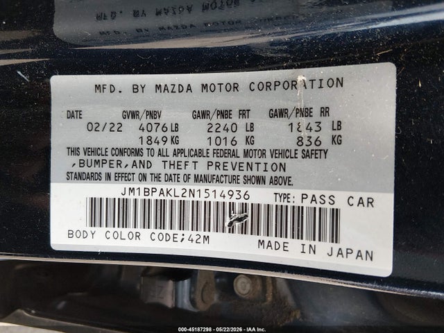 Продажа на аукционе авто 2022 Mazda Mazda3 Select, vin: JM1BPAKL2N1514936, номер лота: 45187298