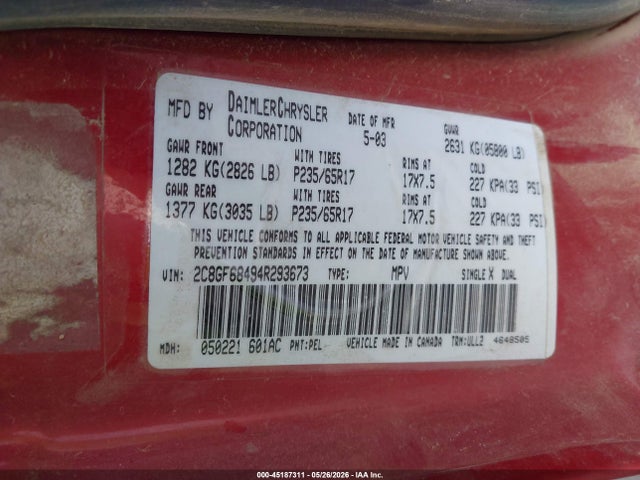 45187311 :رقم المزاد ، 2C8GF68494R293673 vin ، 2004 Chrysler Pacifica مزاد بيع
