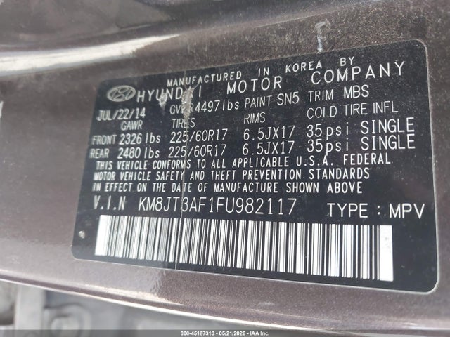 Aukcja sprzedaży 2015 Hyundai Tucson Gls, vin: KM8JT3AF1FU982117, numer aukcji: 45187313