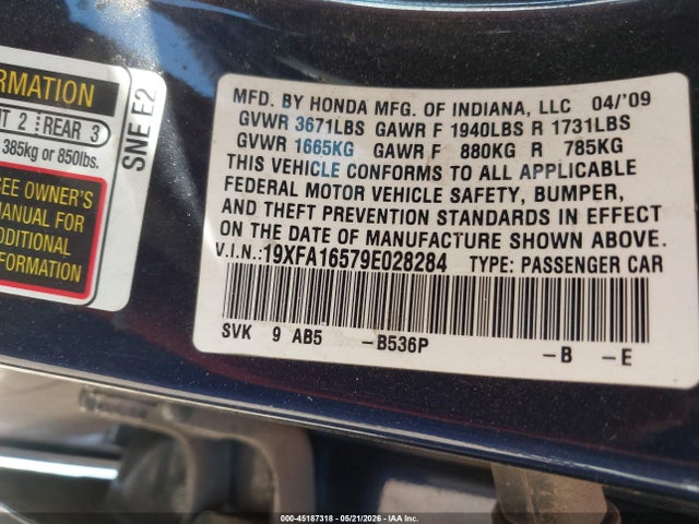 2009 Honda Civic Lx მანქანა იყიდება აუქციონზე, vin: 19XFA16579E028284, აუქციონის ნომერი: 45187318
