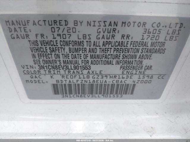 2020 Nissan Versa Sv Xtronic Cvt მანქანა იყიდება აუქციონზე, vin: 3N1CN8EV3LL901553, აუქციონის ნომერი: 45187319