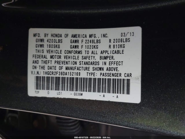 45187325 :رقم المزاد ، 1HGCR2F36DA152169 vin ، 2013 Honda Accord Lx مزاد بيع