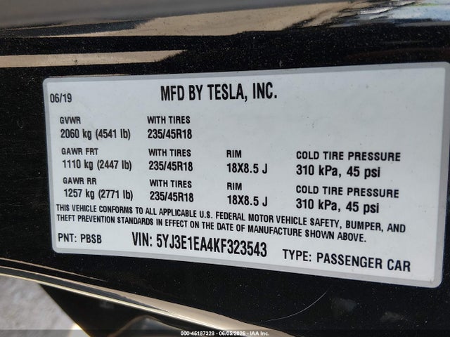 Tesla Model 3 Long Range/mid Range/standard Range/standard Range Plus 2019 5YJ3E1EA4KF323543 Image 9