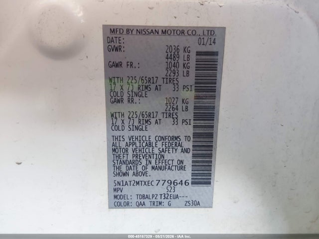 45187329 :رقم المزاد ، 5N1AT2MTXEC779646 vin ، 2014 Nissan Rogue S مزاد بيع
