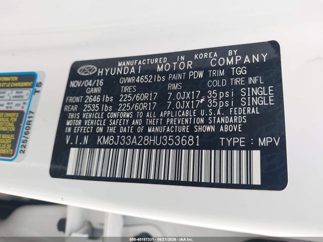 45187331 :رقم المزاد ، KM8J33A28HU353681 vin ، 2017 Hyundai Tucson Eco مزاد بيع