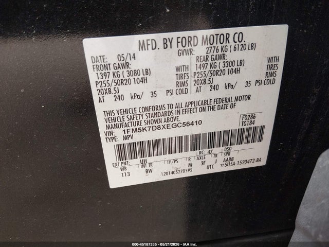 Aukcja sprzedaży 2014 Ford Explorer Xlt, vin: 1FM5K7D8XEGC56410, numer aukcji: 45187335
