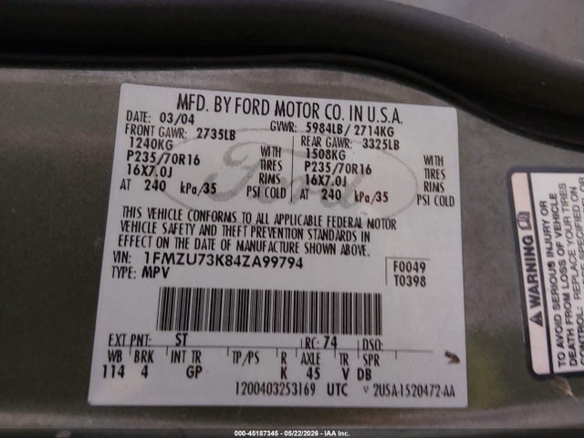 Продаж на аукціоні авто 2004 Ford Explorer Xlt/xlt Sport/nbx, vin: 1FMZU73K84ZA99794, номер лоту: 45187345