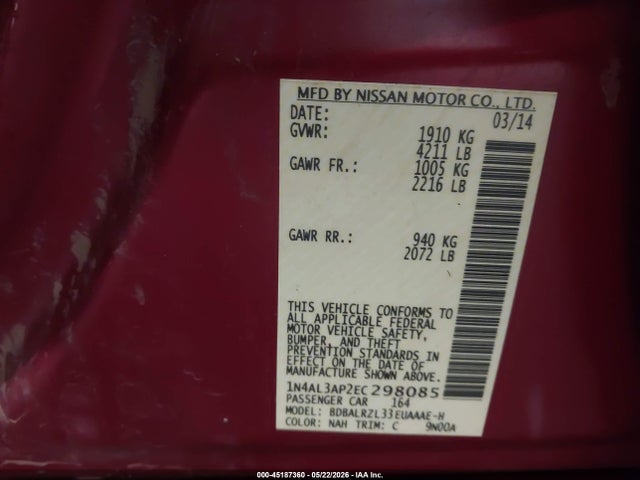 Nissan Altima 2.5 S 2014 1N4AL3AP2EC298085 Image 9