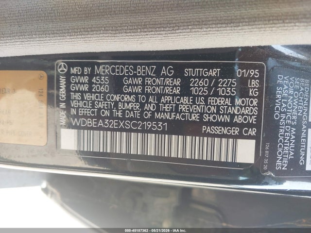 1995 Mercedes-benz E 320 Base/320 Special მანქანა იყიდება აუქციონზე, vin: WDBEA32EXSC219531, აუქციონის ნომერი: 45187362