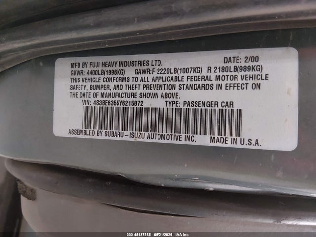 45187365 :رقم المزاد ، 4S3BE6355Y6215872 vin ، 2000 Subaru Legacy L مزاد بيع