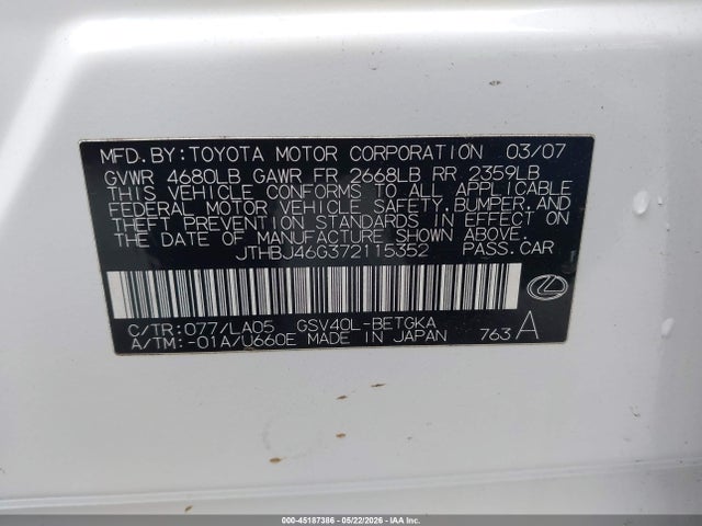 45187386 :رقم المزاد ، JTHBJ46G372115352 vin ، 2007 Lexus Es 350 مزاد بيع