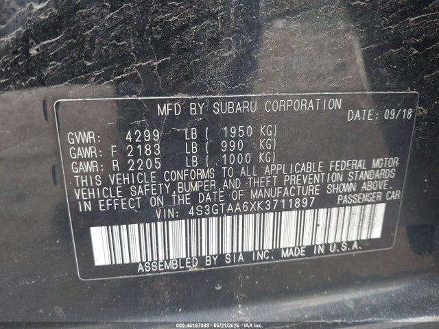 Продаж на аукціоні авто 2019 Subaru Impreza 2.0i, vin: 4S3GTAA6XK3711897, номер лоту: 45187388