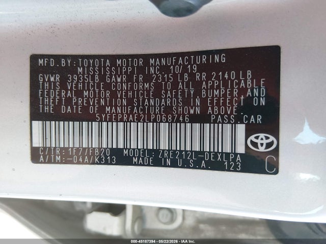 Продажа на аукционе авто 2020 Toyota Corolla Le, vin: 5YFEPRAE2LP068746, номер лота: 45187394
