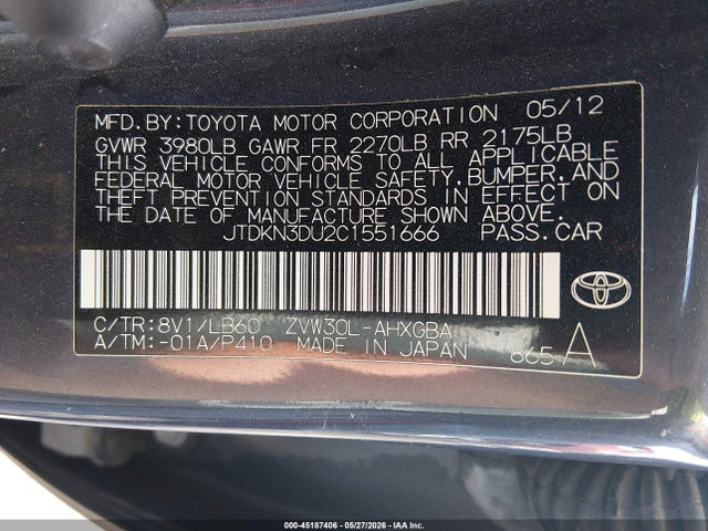 Aukcja sprzedaży 2012 Toyota Prius Four, vin: JTDKN3DU2C1551666, numer aukcji: 45187406