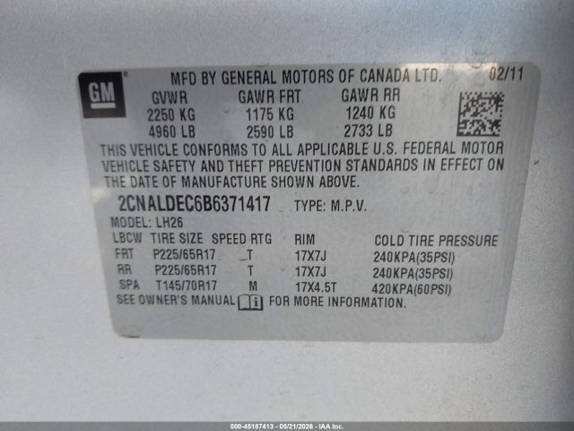 2011 Chevrolet Equinox 1lt მანქანა იყიდება აუქციონზე, vin: 2CNALDEC6B6371417, აუქციონის ნომერი: 45187413