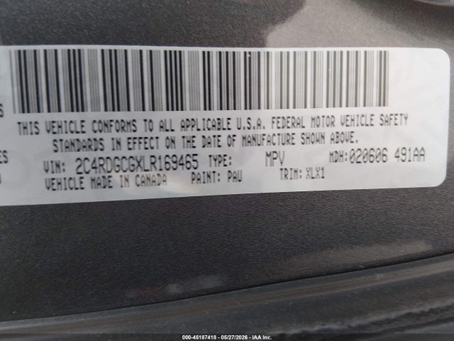 Продажа на аукционе авто 2020 Dodge Grand Caravan Sxt, vin: 2C4RDGCGXLR169465, номер лота: 45187418