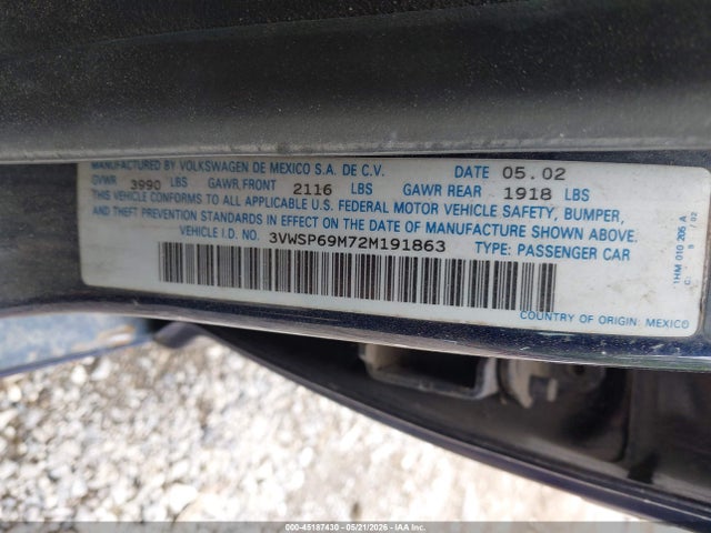 2002 Volkswagen Jetta Gls Tdi მანქანა იყიდება აუქციონზე, vin: 3VWSP69M72M191863, აუქციონის ნომერი: 45187430