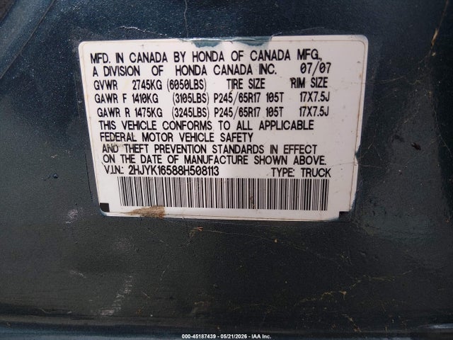 Auction sale of the 2008 Honda Ridgeline Rtl, vin: 2HJYK16588H508113, lot number: 45187439
