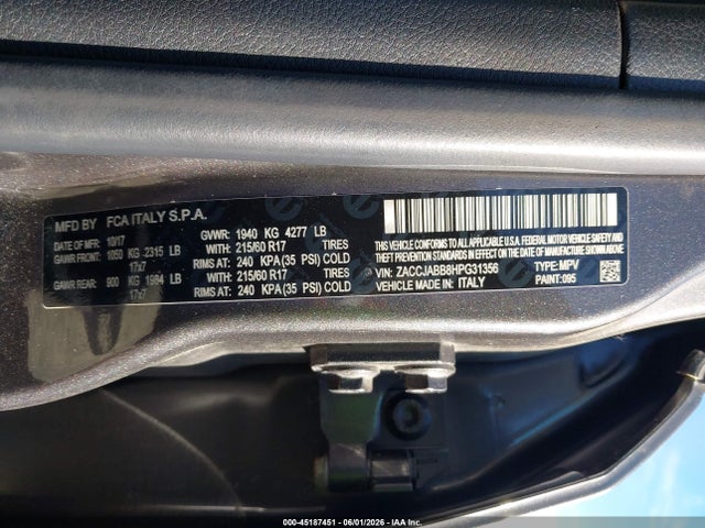 Продаж на аукціоні авто 2017 Jeep Renegade Latitude Fwd, vin: ZACCJABB8HPG31356, номер лоту: 45187451