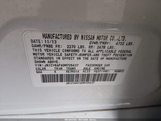 45187452 :رقم المزاد ، JN1CV6AP4DM725437 vin ، 2013 Infiniti G37 Journey مزاد بيع