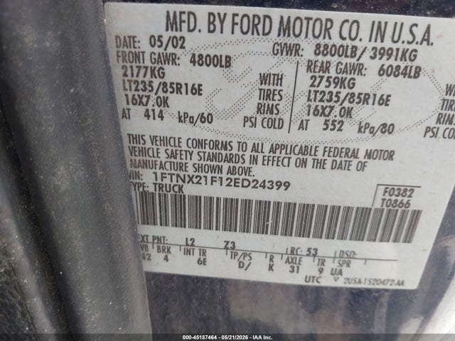Продаж на аукціоні авто 2002 Ford F-250 Lariat/xl/xlt, vin: 1FTNX21F12ED24399, номер лоту: 45187464