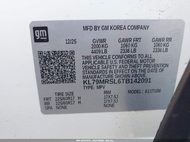 45187470 :رقم المزاد ، KL79MRSL6TB142091 vin ، 2026 Chevrolet Trailblazer Awd Lt مزاد بيع