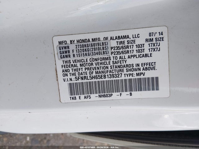 Aukcja sprzedaży 2014 Honda Odyssey Ex-l, vin: 5FNRL5H65EB139327, numer aukcji: 45187469