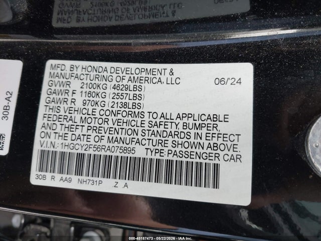 1HGCY2F56RA075895 Honda Accord Hybrid Sport