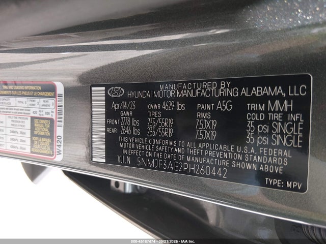 Aukcja sprzedaży 2023 Hyundai Tucson Sel, vin: 5NMJF3AE2PH260442, numer aukcji: 45187474