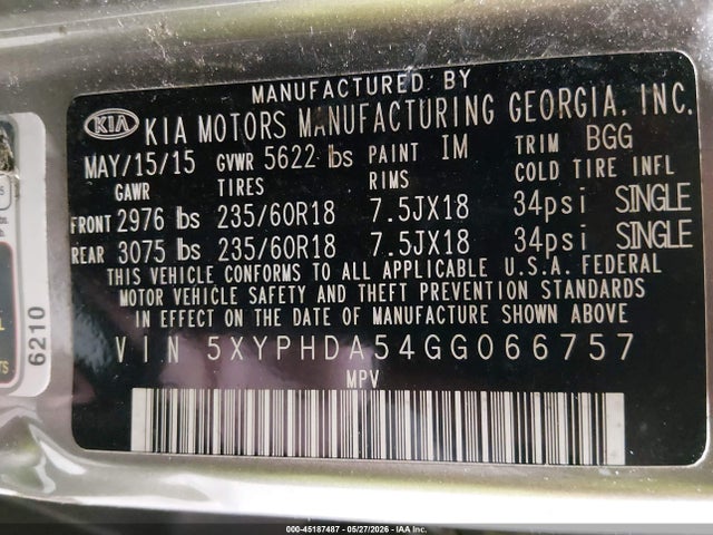 2016 Kia Sorento 3.3l Ex მანქანა იყიდება აუქციონზე, vin: 5XYPHDA54GG066757, აუქციონის ნომერი: 45187487