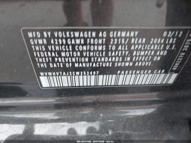 2012 Volkswagen Gti 4-door მანქანა იყიდება აუქციონზე, vin: WVWHV7AJ2CW252497, აუქციონის ნომერი: 45187489