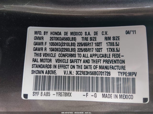 Aukcja sprzedaży 2011 Honda Cr-v Ex, vin: 3CZRE3H56BG701726, numer aukcji: 45187502