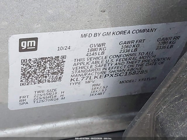 45187504 :رقم المزاد ، KL77LKEPXSC158285 vin ، 2025 Chevrolet Trax Fwd Activ مزاد بيع