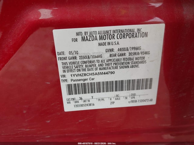2010 Mazda Mazda6 მანქანა იყიდება აუქციონზე, vin: 1YVHZ8CH5A5M44790, აუქციონის ნომერი: 45187510