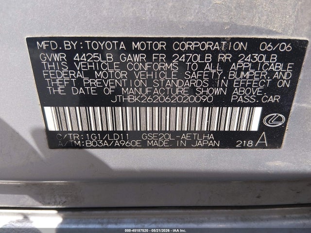 2006 Lexus Is 250 მანქანა იყიდება აუქციონზე, vin: JTHBK262062020090, აუქციონის ნომერი: 45187520