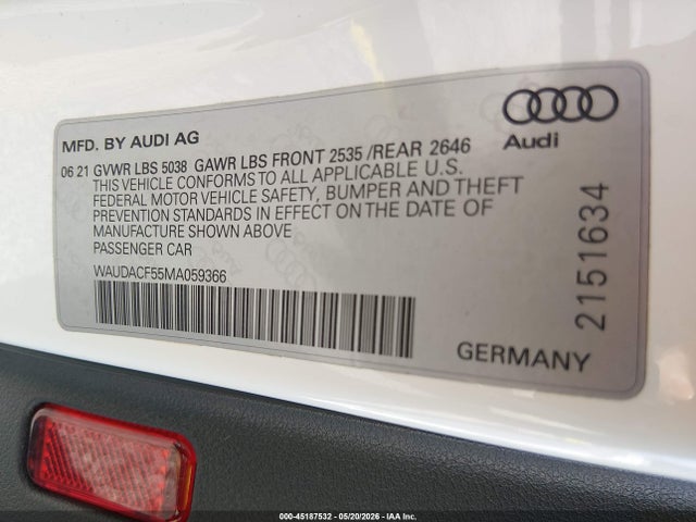 45187532 :رقم المزاد ، WAUDACF55MA059366 vin ، 2021 Audi A5 Sportback Premium 45 Tfsi Quattro S Tronic مزاد بيع