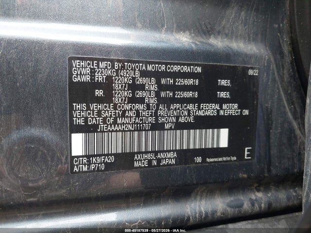 Продажа на аукционе авто 2022 Toyota Venza Le, vin: JTEAAAAH2NJ111707, номер лота: 45187539