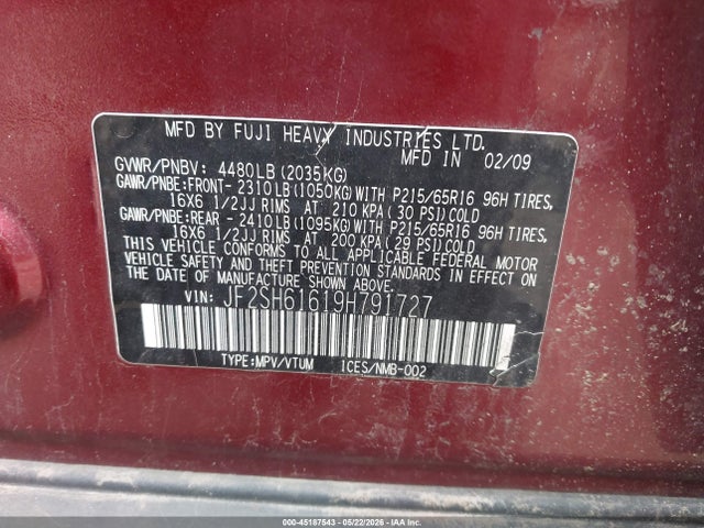 Aukcja sprzedaży 2009 Subaru Forester 2.5x, vin: JF2SH61619H791727, numer aukcji: 45187543
