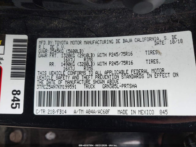 Продаж на аукціоні авто 2019 Toyota Tacoma Sr V6, vin: 3TMCZ5AN7KM199591, номер лоту: 45187554