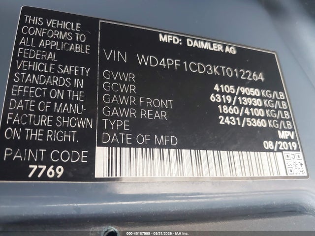 WD4PF1CD3KT012264 Mercedes-Benz Sprinter 2500 High Roof V6