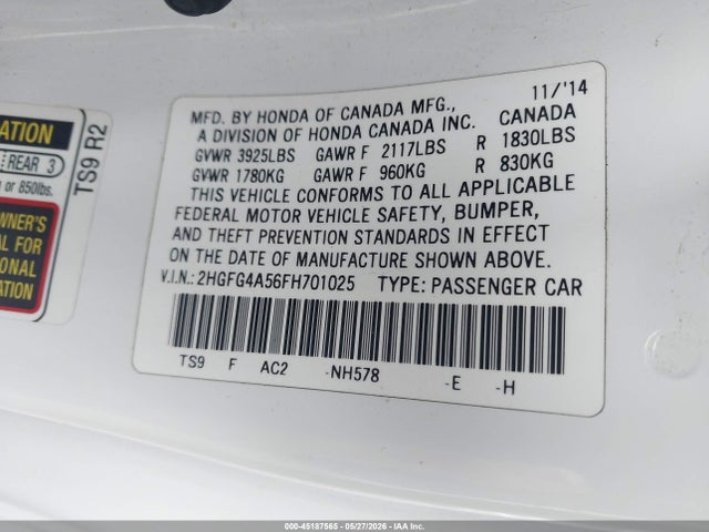 45187565 :رقم المزاد ، 2HGFG4A56FH701025 vin ، 2015 Honda Civic Si مزاد بيع
