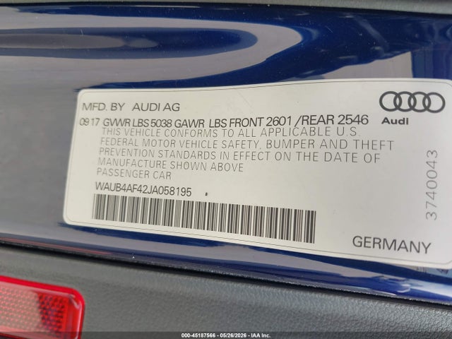 Aukcja sprzedaży 2018 Audi S4 3.0t Premium Plus, vin: WAUB4AF42JA058195, numer aukcji: 45187566