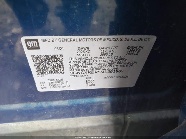 Auction sale of the 2021 Chevrolet Equinox Fwd Lt, vin: 3GNAXKEV5ML391663, lot number: 45187572