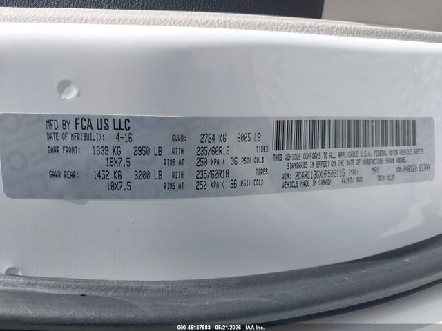 45187583 :رقم المزاد ، 2C4RC1BGXHR503115 vin ، 2017 Chrysler Pacifica Touring-l مزاد بيع