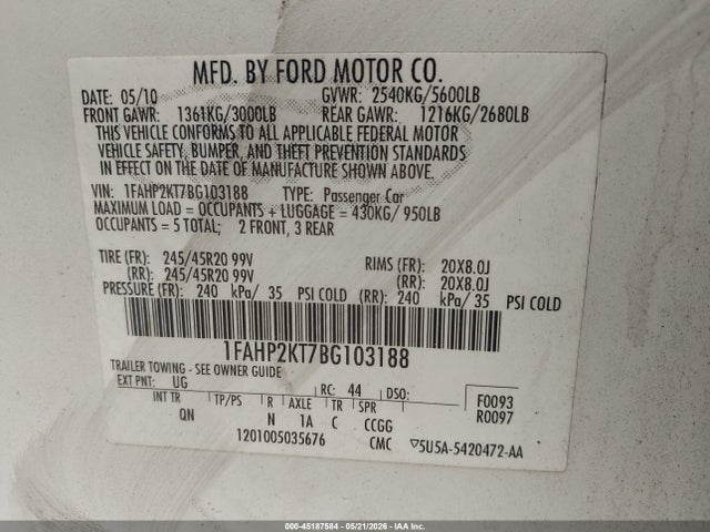 45187584 :رقم المزاد ، 1FAHP2KT7BG103188 vin ، 2011 Ford Taurus Sho مزاد بيع