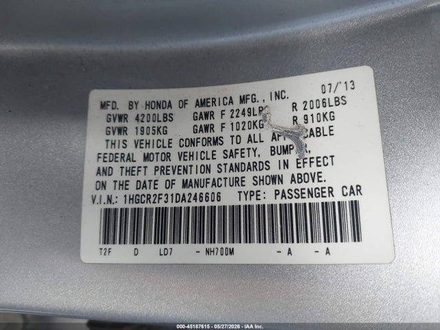 Aukcja sprzedaży 2013 Honda Accord Lx, vin: 1HGCR2F31DA246606, numer aukcji: 45187615