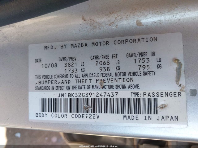 45187629 :رقم المزاد ، JM1BK32G391247437 vin ، 2009 Mazda Mazda3 I مزاد بيع