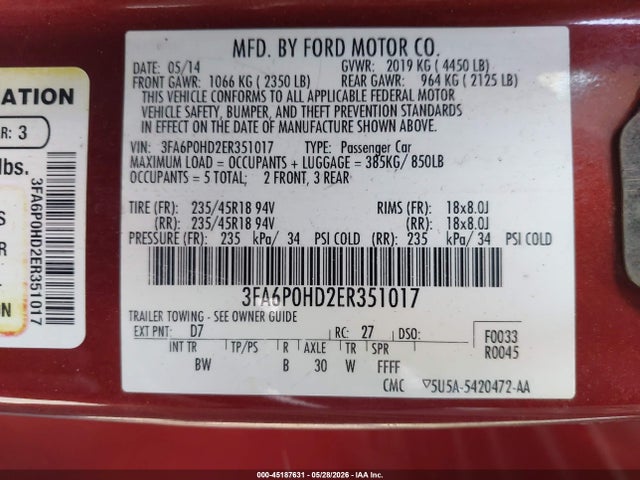 Aukcja sprzedaży 2014 Ford Fusion Se, vin: 3FA6P0HD2ER351017, numer aukcji: 45187631